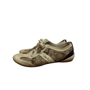 Coach Women 8.5 M Signature Shoes Baylee Khaki/Brown Cream Suede Sneaker R1H158